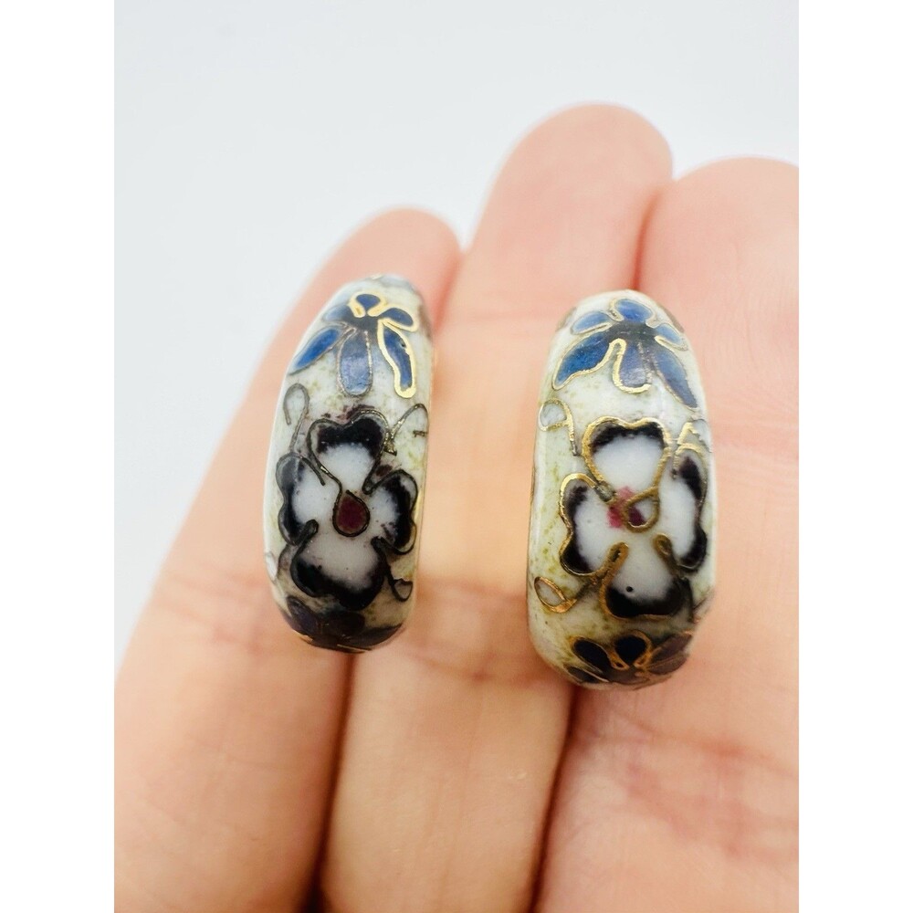 Vintage Gold Tone Floral Cloisonné Hoop Earrings